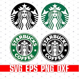 Könnte beinhalten: Vier Starbucks-Logo-Varianten in Schwarz und Weiß sowie Grün und Weiß. Die Logos zeigen die Starbucks-Sirene, eine zweischwänzige Meerjungfrau, in einem kreisförmigen Design. Die beiden unteren Logos enthalten die Worte "STARBUCKS COFFEE". Das untere Banner lautet "SVG EPS PNG DXF".