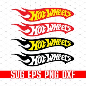 May include: Four Hot Wheels logos in red, yellow, and black, with flame designs. The text "SVG EPS PNG DXF" is displayed in white on a red banner at the bottom. The background is a light gray pattern.