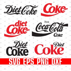 Op de afbeelding: Een verzameling logo's voor Diet Coke en Coca-Cola in rood en zwart. De logo's bevatten de woorden "Diet Coke" en "Coke" in verschillende lettertypen. De onderkant van de afbeelding heeft de tekst "SVG EPS PNG DXF" in wit op een rode achtergrond.