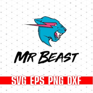 Può includere: Grafica digitale con la scritta "MR BEAST" in grassetto nero. Sopra il testo, una testa di pantera blu con un fulmine rosa. Sotto, uno striscione rosso con le parole "SVG EPS PNG DXF".