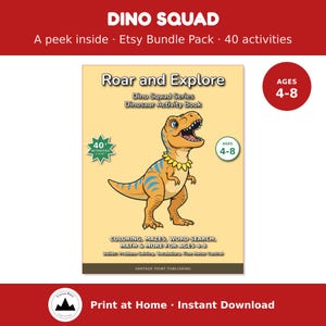May include: A dinosaur activity book titled Roar and Explore from the Dino Squad Series. The cover features a cartoon T-Rex, text stating 40+ activities, ages 4-8, and coloring, mazes, word search, math and more. The Vantage Point Publishing logo is at the bottom.