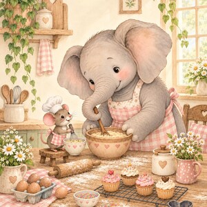 Mouse & Elephant Nursery Prints, Storybook Animal Friends Wall Art Set of 3