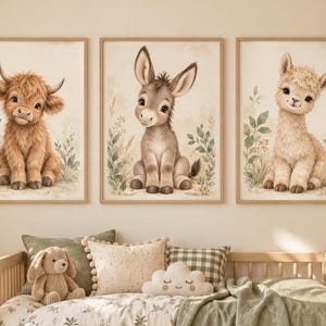 Aquarel Dierenprints Kinderkamer Set van 3: Schotse Hooglander, Ezel & Alpaca Digitale Download