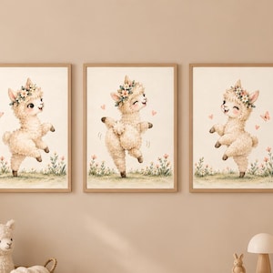 Baby Alpaca Babykamer Prints Set van 3 Dansende Alpaca’s, Aquarel Dierenprints