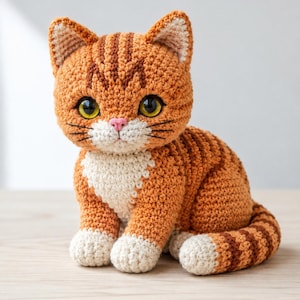 May include: A crocheted orange tabby cat with brown stripes, white paws, and a white chest. The cat has large yellow eyes, a pink nose, and black whiskers. The handmade cat is sitting on a light wooden surface.