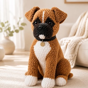 Può includere: Un animale di peluche lavorato all'uncinetto a forma di cane boxer con filato marrone, bianco e nero. Il cane ha il muso nero, una macchia bianca sul petto, zampe bianche e un collare nero con una piccola targhetta identificativa dorata.
