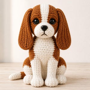 以下が含まれることがあります： 茶色と白の編み犬の置物。犬は大きな黒い目、長い垂れ耳、頭に白いストライプがあります。犬は尻尾を横に丸めて座っています。置物は糸でできており、木製の表面に置かれています。