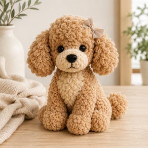 Könnte beinhalten: Ein gehäkeltes Stoffhund-Spielzeug aus texturiertem beigefarbenem Garn mit einer helleren cremefarbenen Brust und Schnauze. Der Hund hat schwarze Kunststoffaugen, eine schwarze Nase und eine kleine beigefarbene Schleife am Kopf.