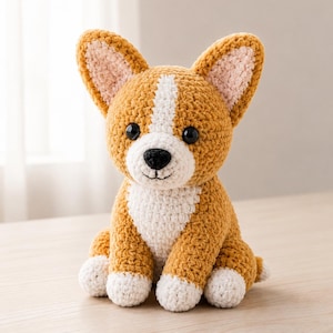 Op de afbeelding: Een gehaakt knuffeldier in de vorm van een Corgi-hond. Het speelgoed is gemaakt van goudbruin garen voor het lichaam en de oren, met witte garenaccenten op de borst, het gezicht en de poten. Het heeft twee zwarte plastic ogen en een zwarte neus.
