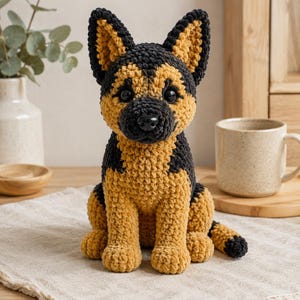 May include: A handmade crochet German Shepherd dog in shades of black and tan. The plush toy has a detailed face, upright ears, and is sitting on a neutral-colored linen cloth. A mug and vase are in the background.