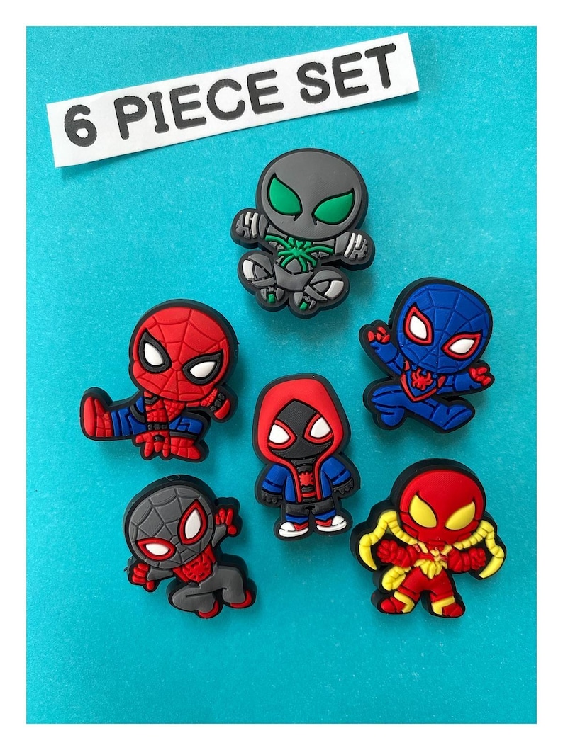 6x Marvel Spiderman Miles Shoe Charms for Clogs Shoes. PVC Clog Accessories. Compatible with Crocs image 1