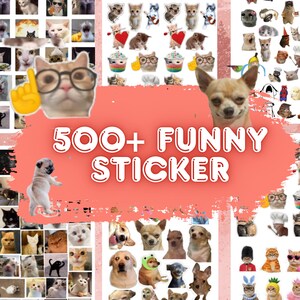 Puede incluir: Una colección de pegatinas variadas con gatos, perros y otros animales. Las pegatinas tienen diferentes expresiones y están en varias poses. El texto "500+ FUNNY STICKER" se muestra en blanco sobre un fondo rosa.