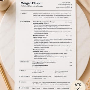 May include: A professional CV template for a Marketing & Operations Manager named Morgan Ellison. The document features sections for profile, experience, education, skills, certificates, awards, and languages, with an ATS friendly badge.