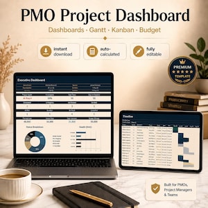 May include: A digital PMO Project Dashboard template displayed on a laptop and tablet screen. The interface features an Executive Dashboard with project health metrics, a status breakdown pie chart, a health bar chart, and a detailed project timeline.