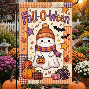 May include: A rectangular garden flag featuring the text Fall-O-Ween, a central white ghost wearing an orange beanie and a purple and orange striped scarf, holding a pumpkin bucket, surrounded by pumpkins, stars, leaves, and bats.