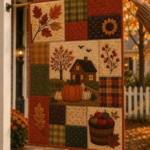 May include: A rectangular quilted garden flag featuring a patchwork design with autumn motifs including a house, pumpkins, a basket of apples, sunflowers, and fall leaves in shades of orange, brown, green, and cream, suspended from a metal pole.