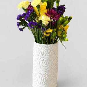 Hand Built Textured White Ceramic Vase – Sculptural Floral Embossed Pottery Bloom Clay Studios