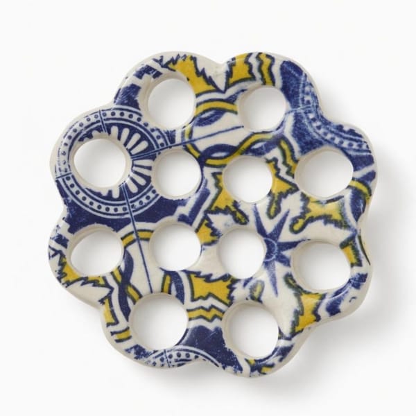 Hand Built Ceramic Flower Frog | Blue Yellow Floral Arrangement Holder, Stoneware Pottery