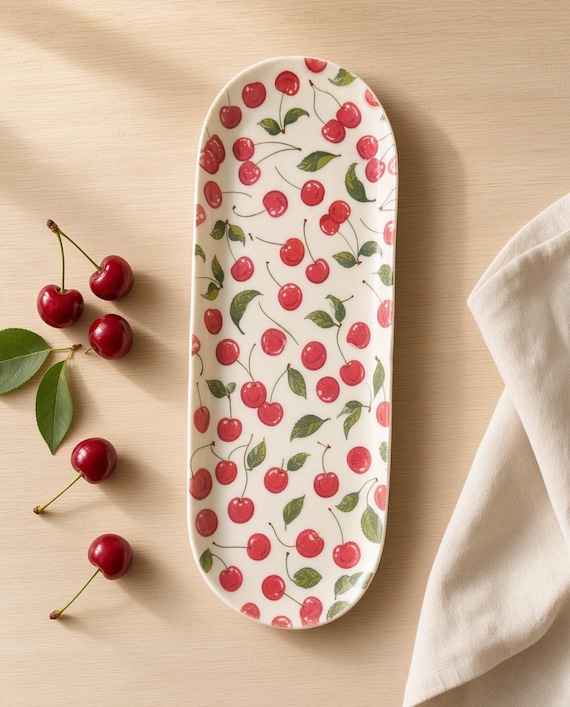 A hand-thrown ceramic tray shaped around cherries — actual fruit forms baked into the clay, making every piece genuinely one-of-a-kind.