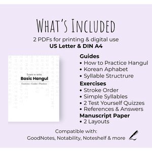 K&ouml;nnte beinhalten: Ein wei&szlig;es Buch mit dem Titel "Learn to write Basic Hangul" vor einem lila Hintergrund. Das Bild enth&auml;lt eine Liste von Anleitungen, &Uuml;bungen und Manuskriptpapier zum Erlernen von Koreanisch Hangul. Der Text "WHAT'S INCLUDED" steht oben.