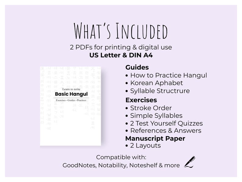 K&ouml;nnte beinhalten: Ein wei&szlig;es Buch mit dem Titel "Learn to write Basic Hangul" vor einem lila Hintergrund. Das Bild enth&auml;lt eine Liste von Anleitungen, &Uuml;bungen und Manuskriptpapier zum Erlernen von Koreanisch Hangul. Der Text "WHAT'S INCLUDED" steht oben.