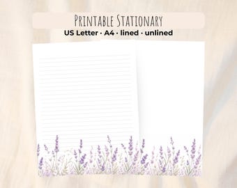 Printable Floral Stationery Paper, Purple Lavender Writing PDF, Elegant Cottagecore Journal Page, Lined/Unlined, A4 & US Letter