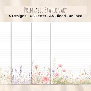 May include: Printable stationery with floral designs. The image shows four sheets of paper with lined and unlined options. The bottom of each sheet features watercolor flowers in shades of pink, purple, and white. The text at the top says "Printable Stationary" and details the designs and sizes.