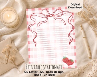 Strawberry Gingham Stationery Paper, Cottagecore Letter Writing Pages, Lined/Unlined (Digital Download)