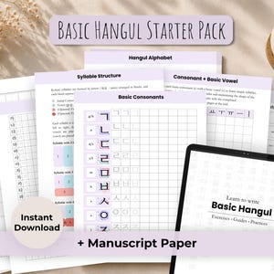 May include: A "Basic Hangul Starter Pack" with "Hangul Alphabet" and "Syllable Structure" guides, "Basic Consonants" practice sheets, and a quiz. Includes a tablet with "Learn to write Basic Hangul" text, and "+ Manuscript Paper".