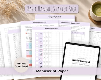 Korean Writing Practice Bundle: Basic Hangul Worksheets + Manuscript Paper, Printable Korean Study Workbook (Digital Download)