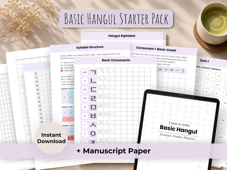K&ouml;nnte beinhalten: Ein "Basic Hangul Starter Pack" mit "Hangul Alphabet" und "Silbenstruktur" Anleitungen, "Basic Consonants" &Uuml;bungsbl&auml;ttern und einem Quiz. Enth&auml;lt ein Tablet mit dem Text "Lerne, wie man Basic Hangul schreibt" und "+ Manuskriptpapier".