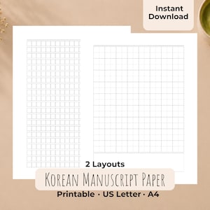 May include: Printable Korean manuscript paper with two layouts. The paper is white with a grid pattern. The text on the paper reads "Korean Manuscript Paper" and "Printable • US Letter • A4". A cup of green tea is in the upper right corner.