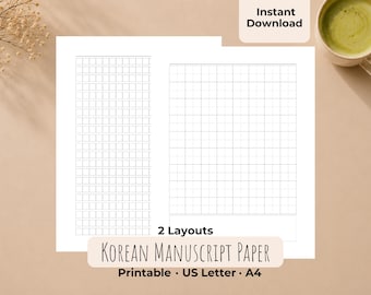 Printable Korean Manuscript Paper, 2 Layout Writing Practice Sheets, Wongoji PDF (Digital Download)