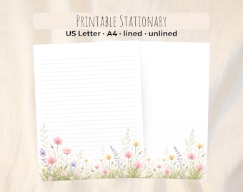 Wildflower Letter Paper, Lined/Unlined, Floral Spring Writing Set, Cottagecore Stationery (Digital Download)