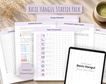Grundlegende Hangul Arbeitsblätter, druckbares koreanisches Arbeitsbuch zum ausdrucken (digitaler Download)