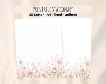 Printable Floral Stationery Paper, Pink Rose Writing PDF, Cottagecore Digital Journal Page, Lined/Unlined, A4 & US Letter (Instant Download)