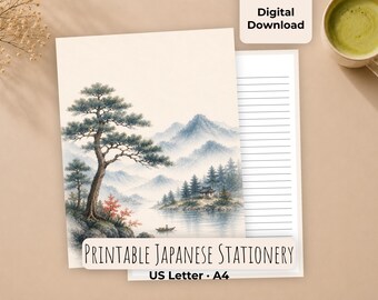Japanese Watercolor Stationery, Pine Tree Journal Paper, Letter Writing (Digital Download)