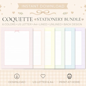 Peut inclure: Un ensemble de papeterie avec le texte "COQUETTE STATIONERY BUNDLE" et "INSTANT DOWNLOAD". L'ensemble comprend six couleurs de papier A4 et US Letter ligné et non ligné avec un motif au dos. L'image comprend également des icônes pour le téléchargement, A4 & US Letter et imprimer à la maison.