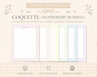 Pastel Gingham Letter Paper Bundle, Coquette Cottagecore Stationery, Lined & Unlined, US Letter + A4 (Instant Download)