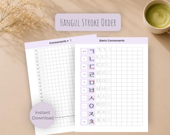 Schreibübungen: Hangul-Stroke-Reihen-Übung, koreanische Arbeitsblätter zum ausdrucken (digitaler Download)