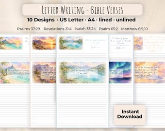 Schrijfset met Bijbelteksten voor brieven, briefpapier met aquarel Bijbelteksten, pagina's voor een gebedsdagboek, A4 & US Letter (direct te downloaden)