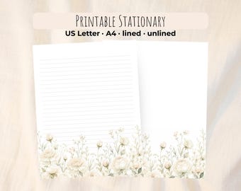 Printable Floral Stationery Paper, White Peony Writing PDF | Elegant Cottagecore Journal Page, Lined/Unlined, A4 & US Letter