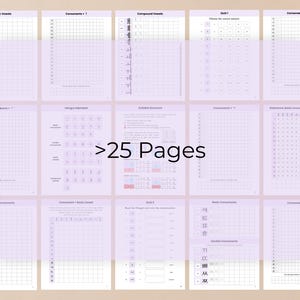 Op de afbeelding: Een verzameling van meer dan 25 printbare educatieve pagina's voor het leren van het Koreaanse Hangul-alfabet. De vellen bevatten rasters voor schrijfoefeningen, gidsen voor lettergreepstructuur, quizzen en tabellen voor klinkers en medeklinkers.