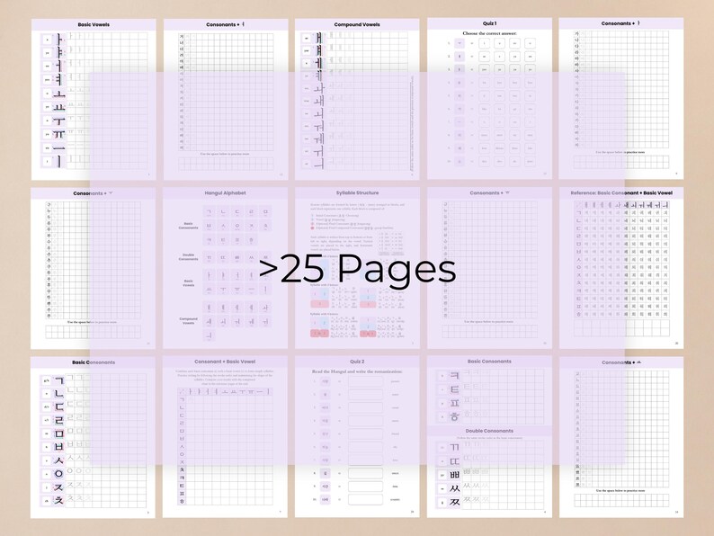 Op de afbeelding: Een verzameling van meer dan 25 printbare educatieve pagina's voor het leren van het Koreaanse Hangul-alfabet. De vellen bevatten rasters voor schrijfoefeningen, gidsen voor lettergreepstructuur, quizzen en tabellen voor klinkers en medeklinkers.
