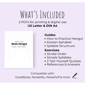 Op de afbeelding: Een digitaal leermiddel voor basis Hangul met 2 PDF's in US Letter en DIN A4-formaat. Bevat gidsen over het Koreaanse alfabet, lettergreepstructuur en oefeningen zoals streekvolgorde en quizzen voor gebruik in digitale notitie-apps.