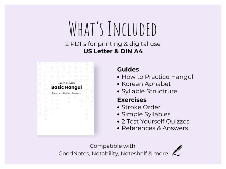 Op de afbeelding: Een digitaal leermiddel voor basis Hangul met 2 PDF's in US Letter en DIN A4-formaat. Bevat gidsen over het Koreaanse alfabet, lettergreepstructuur en oefeningen zoals streekvolgorde en quizzen voor gebruik in digitale notitie-apps.