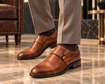 Handgemaakte bruine leren monk strap schoenen, op maat gemaakte formele schoenen voor heren