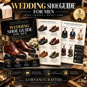 Può includere: Una guida digitale alle scarpe da matrimonio per uomo di LorvanoCrafted, composta da tre pagine. La guida mostra vari stili di scarpe in pelle, tra cui oxford, derby, mocassini e scarpe con fibbia, insieme a consigli per la cura delle calzature.