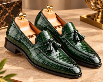 Handmade Green Embossed Leather Tassel Loafers, Custom Made Formal Shoes