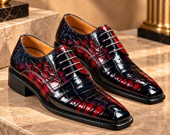 Herenschoenen van reliëfleder, handgemaakte Oxford-schoenen in bordeauxrood en zwart, luxe formele schoenen, zakelijke nette schoenen